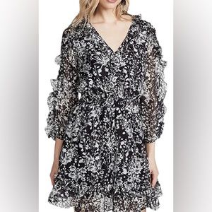 Shoshanna Praiano Floral-Print V-Neck Ruffle-Trim Mini Dress